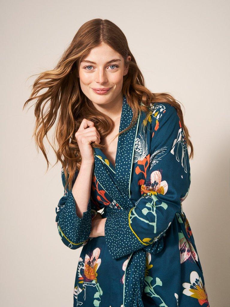 Nina Organic Dressing Gown in TEAL PR - MODEL FRONT