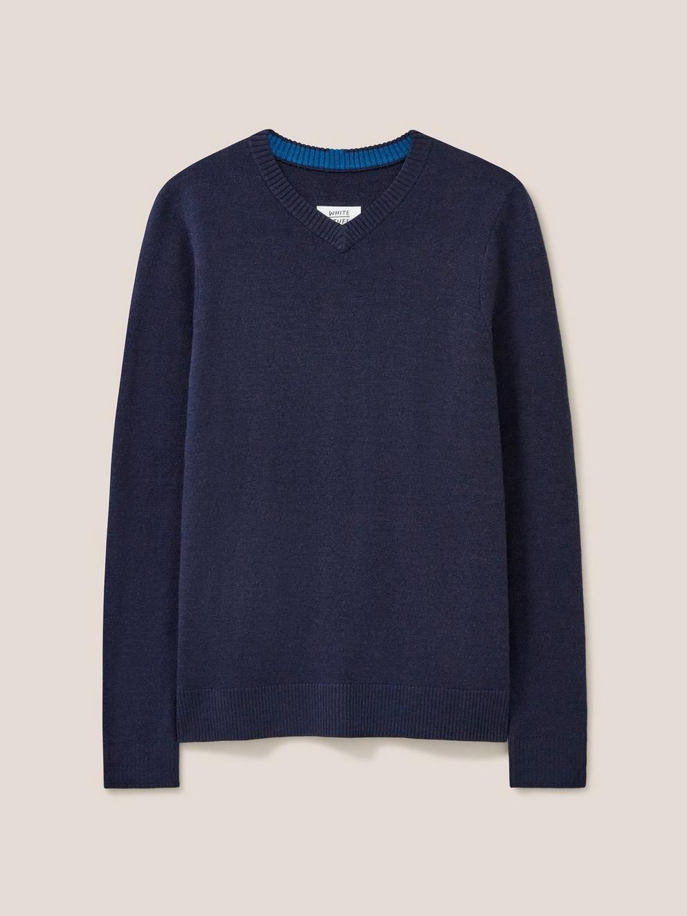 Newport Merino Vee Neck in DARK NAVY - FLAT FRONT