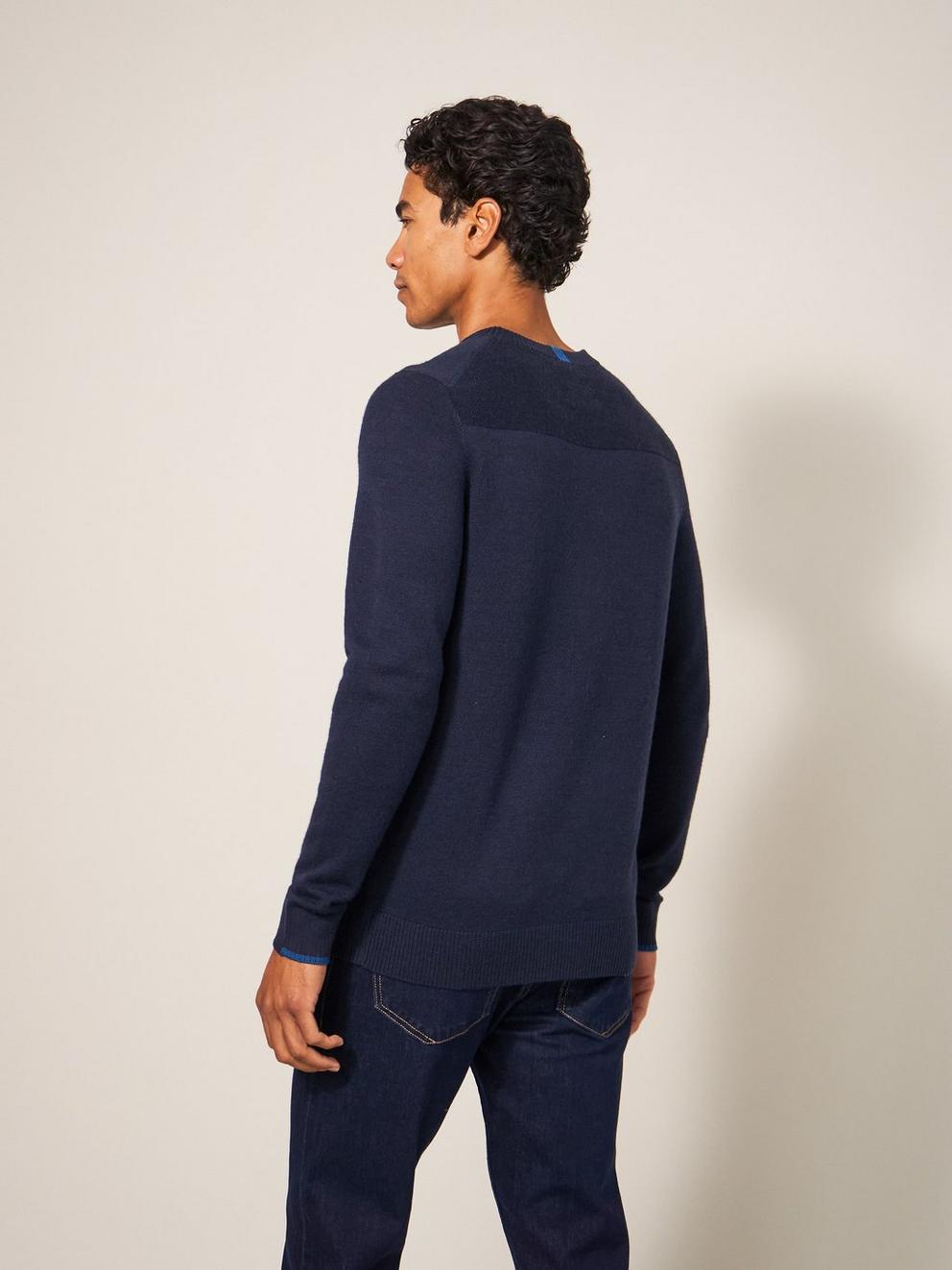 Newport Merino Vee Neck in DARK NAVY - MODEL BACK