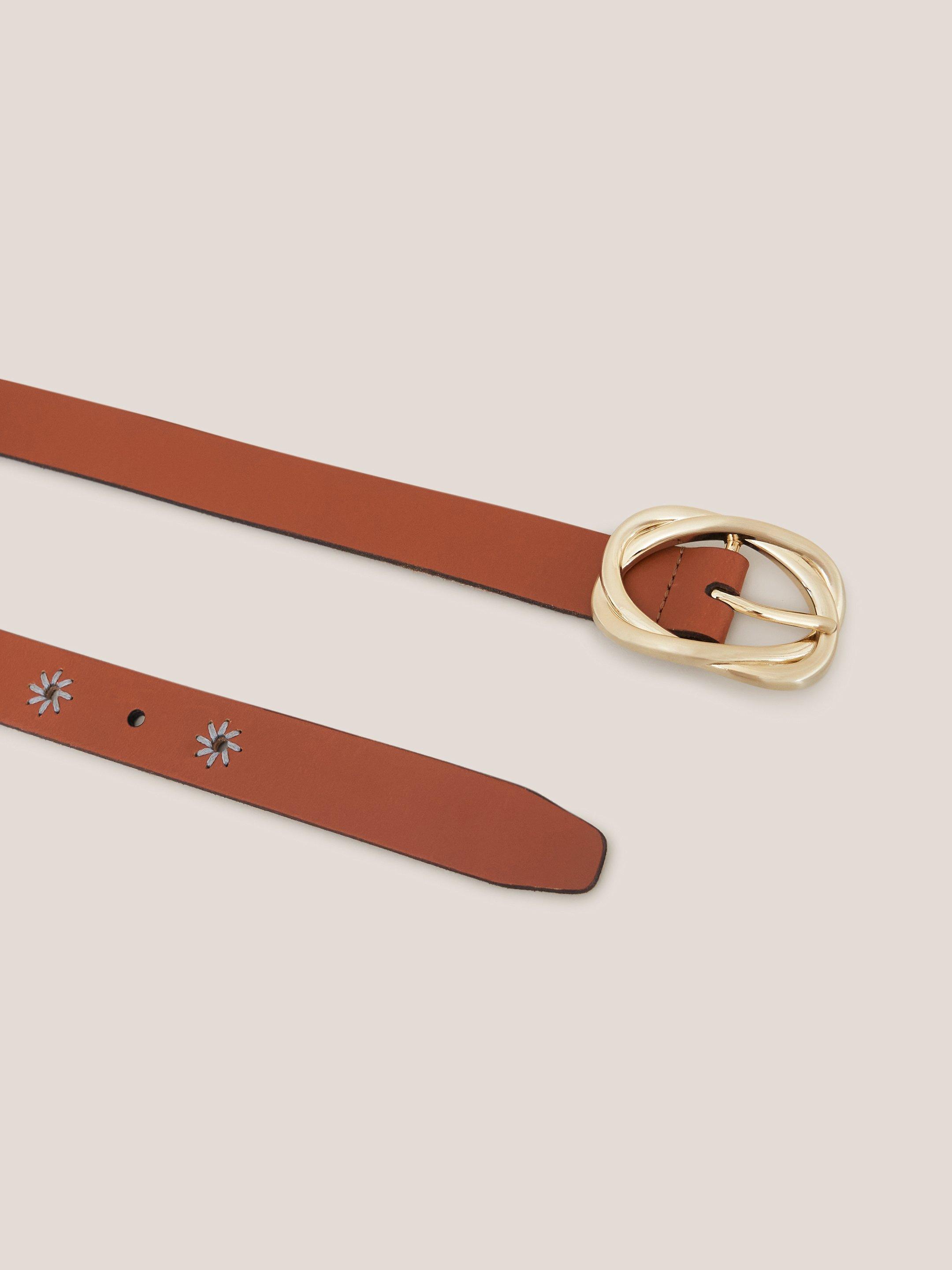 Decorative Leather Buckle Belt in MID TAN - FLAT FRONT