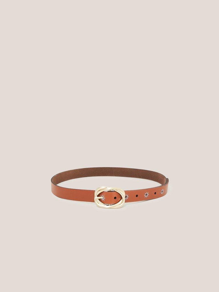 Decorative Leather Buckle Belt in MID TAN - MODEL FRONT