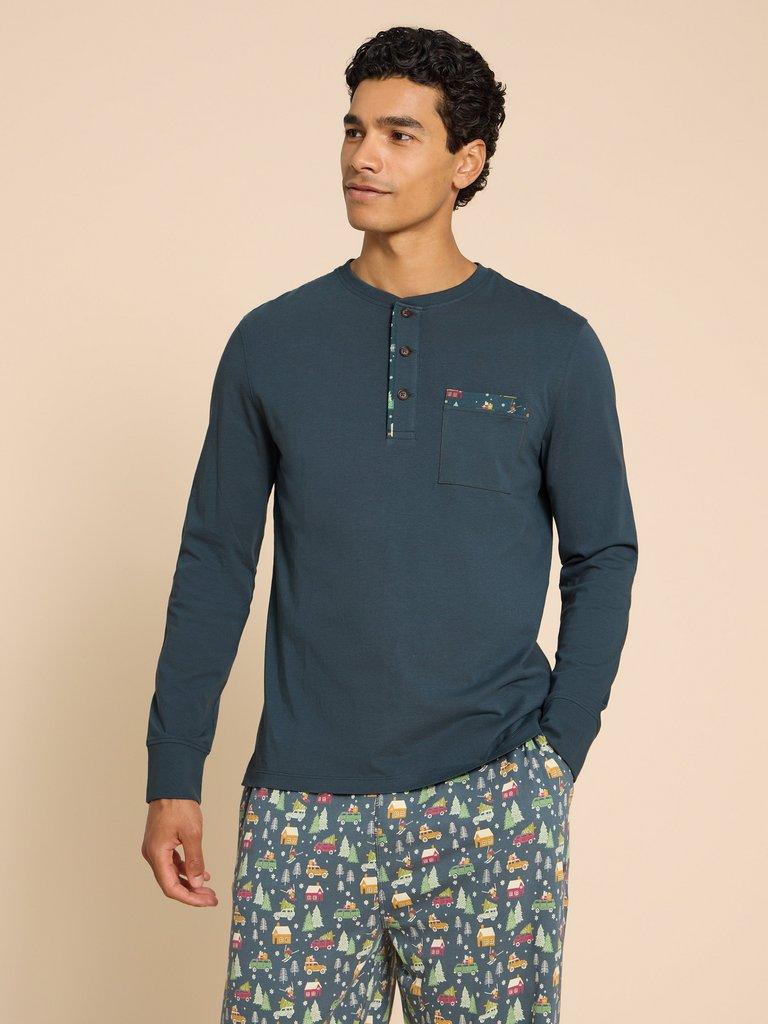 Novelty PJ Henley in MID BLUE - MODEL FRONT