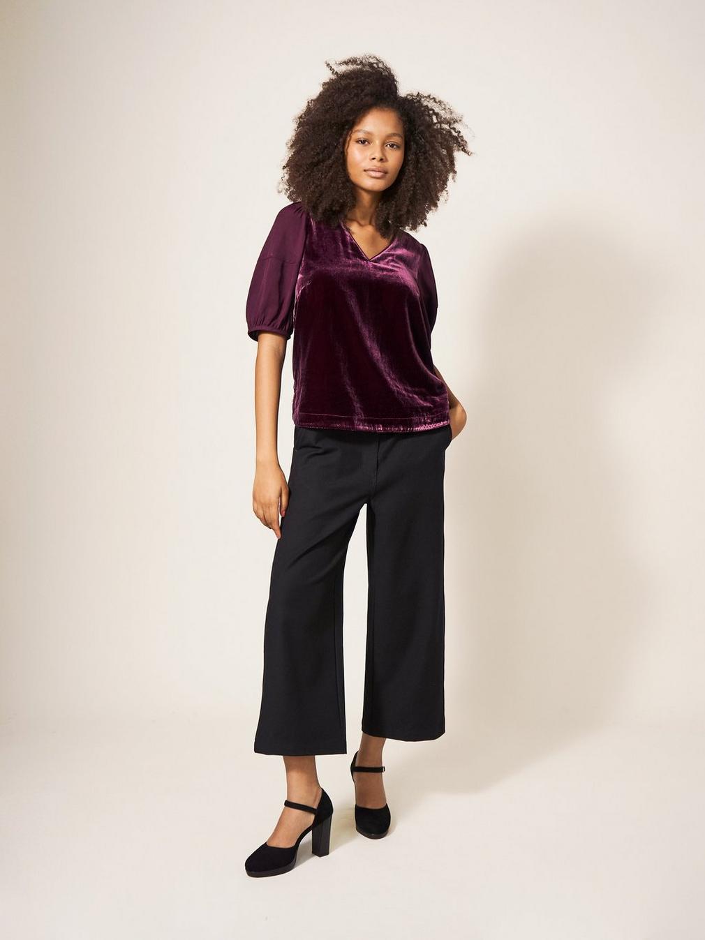 Cleo Velvet Top in DK PLUM - MODEL FRONT