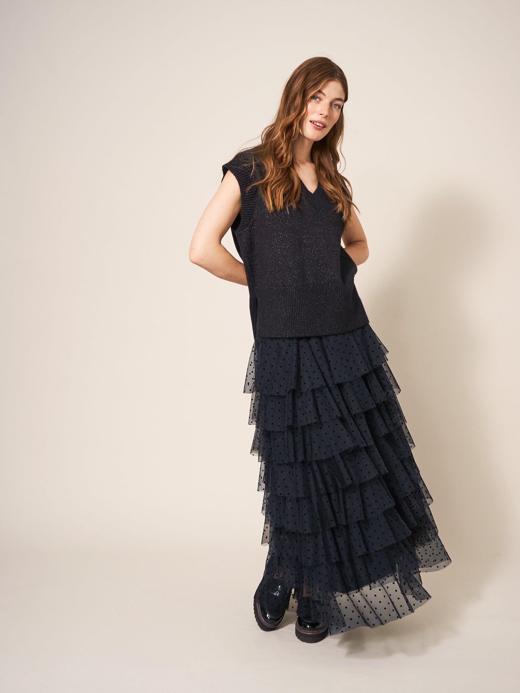 Rowan Spot Tulle Skirt in PURE BLK - MODEL FRONT
