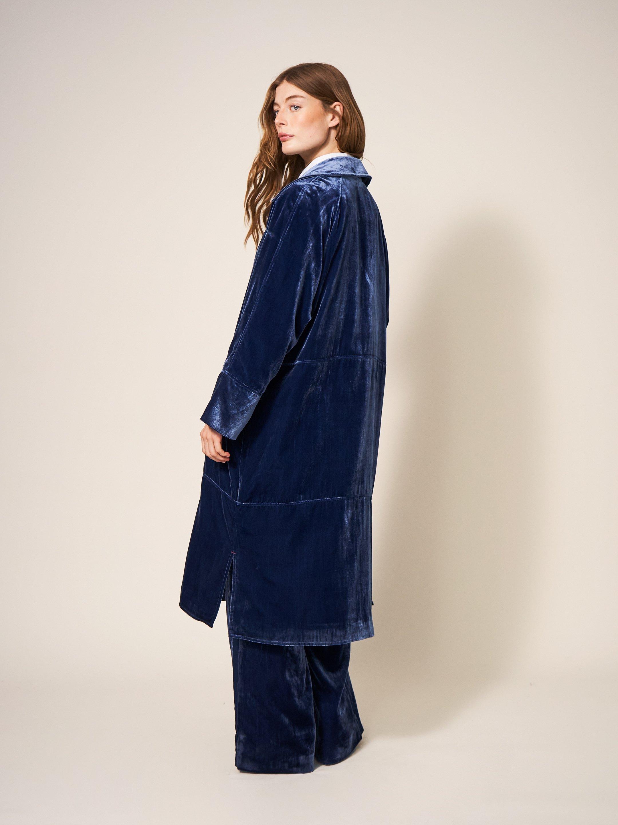 Velvet Duster Smart Coat in DEEP BLUE - MODEL BACK