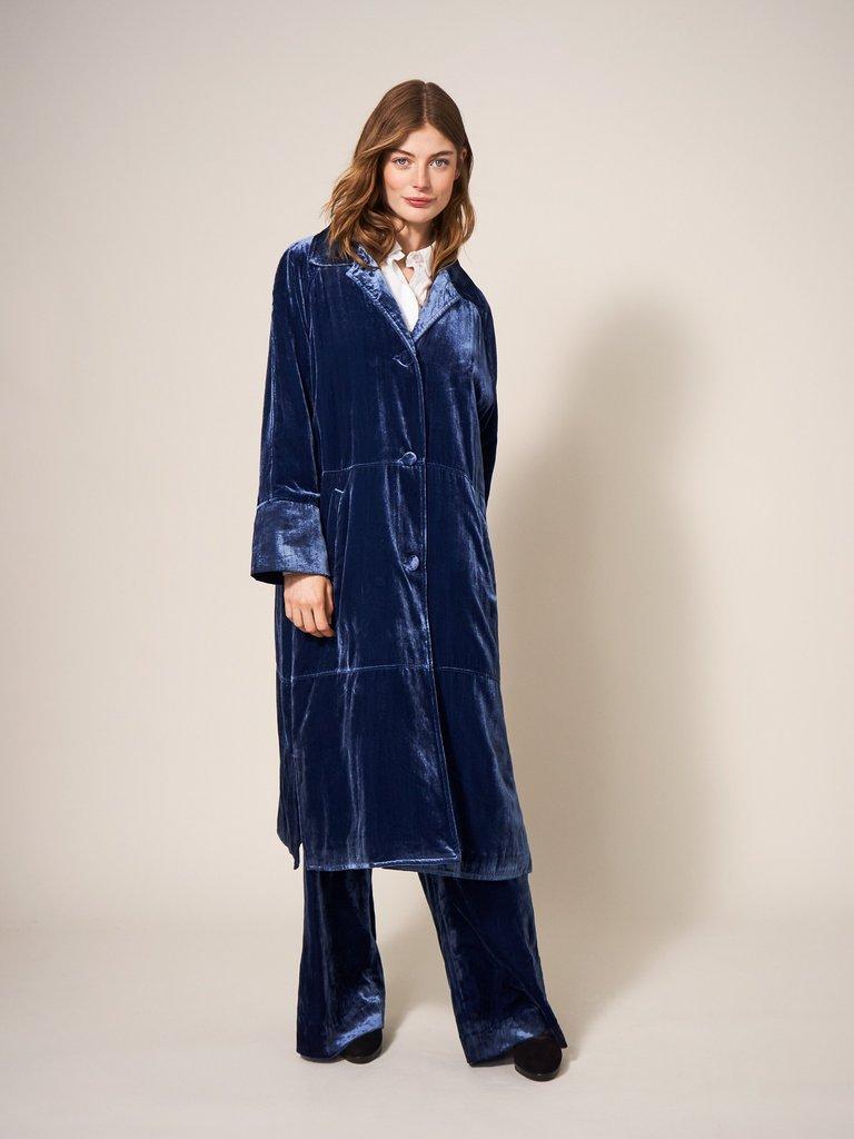 Velvet Duster Smart Coat in DEEP BLUE - MODEL FRONT