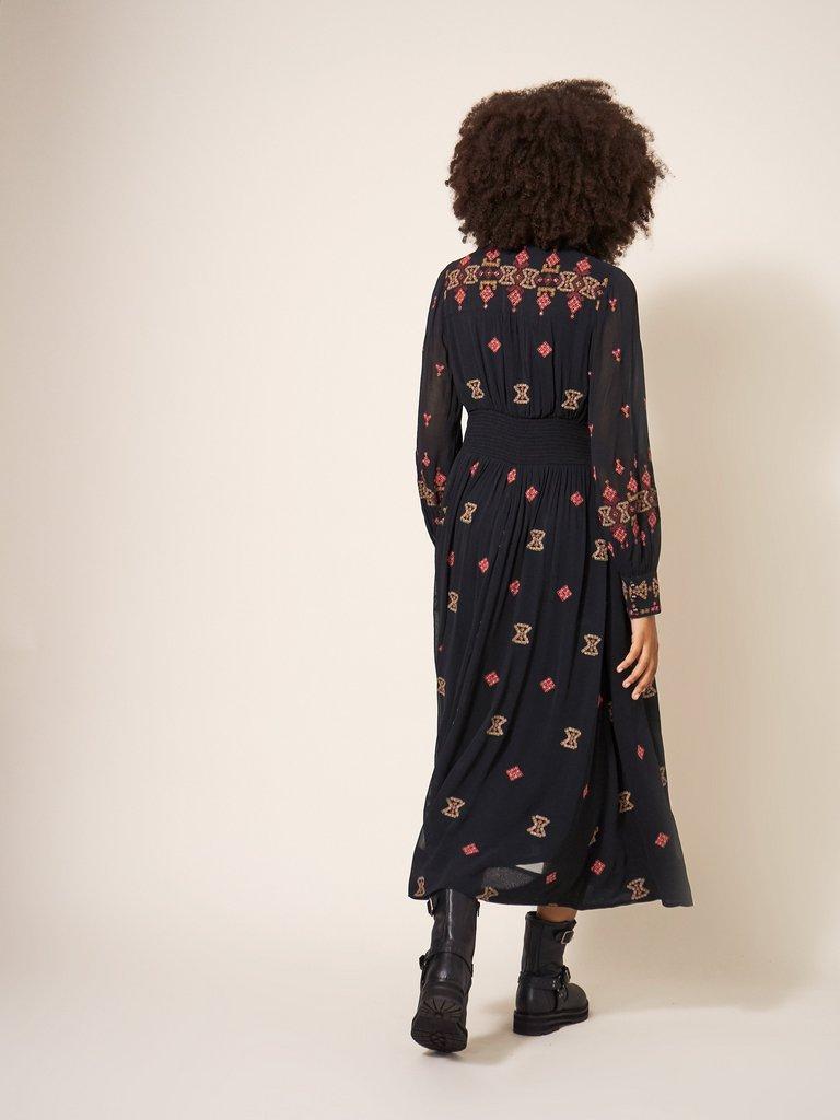 Kate Embroidered Dress in BLK MLT - MODEL BACK