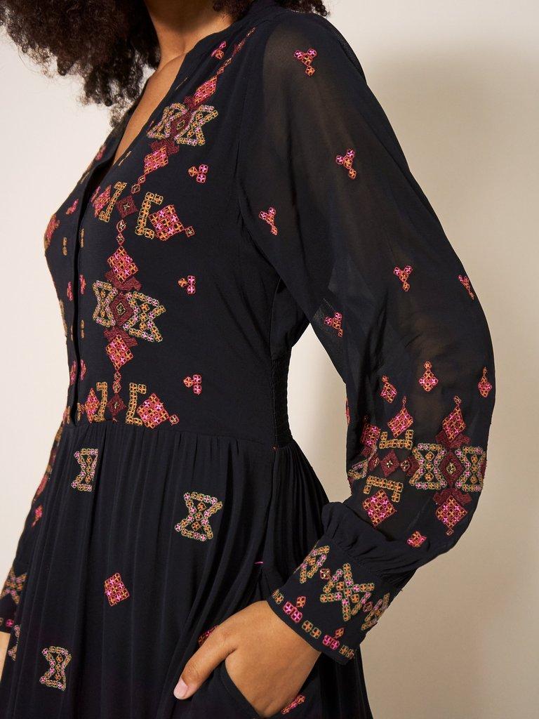 Kate Embroidered Dress in BLK MLT - MODEL FRONT