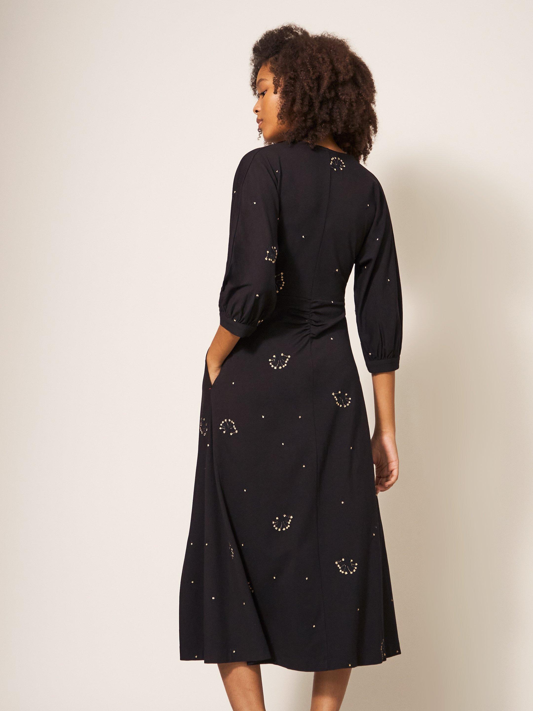 Megan Embroidered Jersey Dress in BLK MLT - MODEL BACK