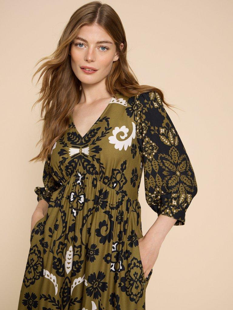 Lucy Eco Vero Printed Dress in GREEN PR - MODEL DETAIL