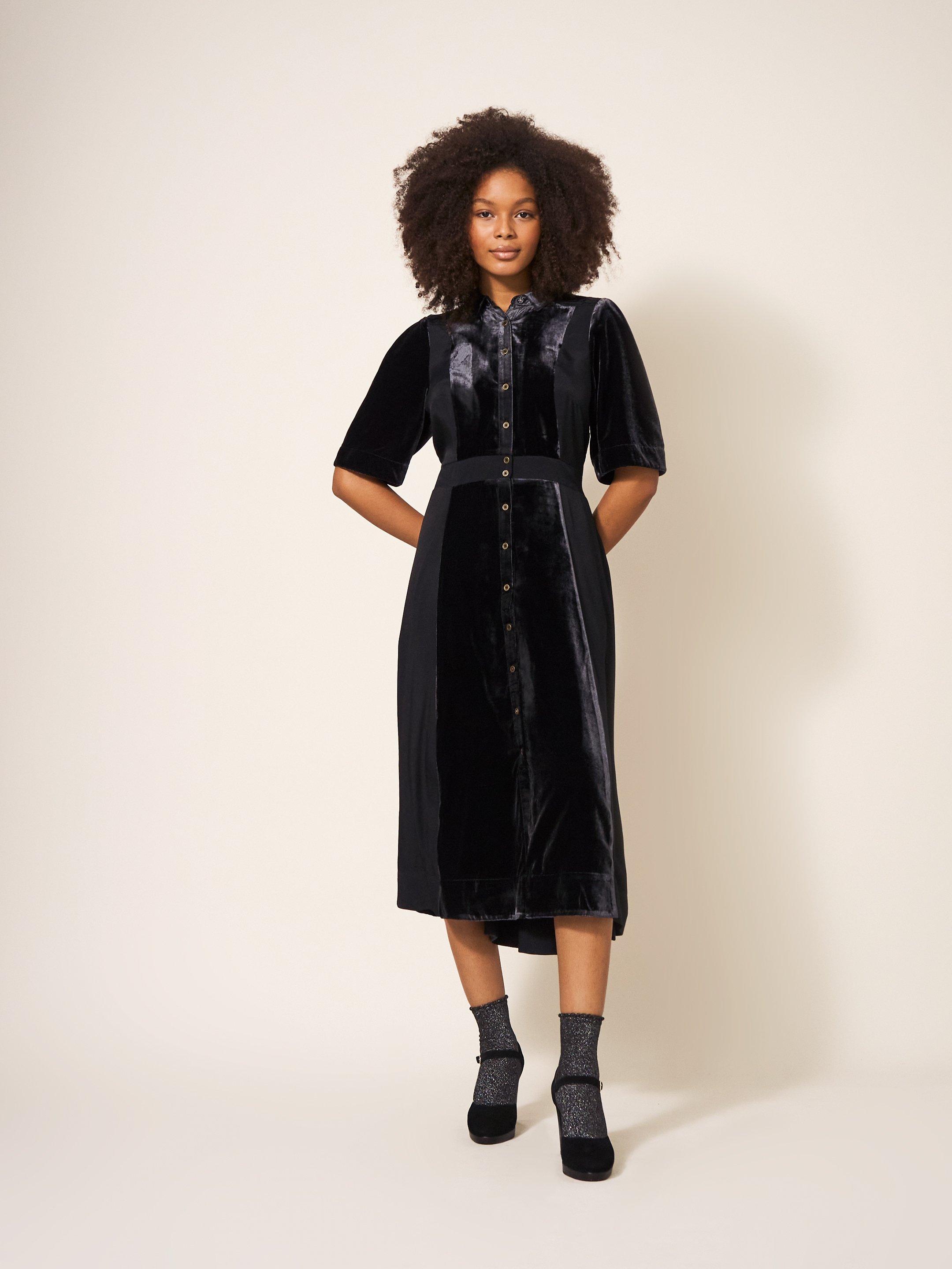 Willow Velvet Shirt Dress in PURE BLK - MODEL DETAIL