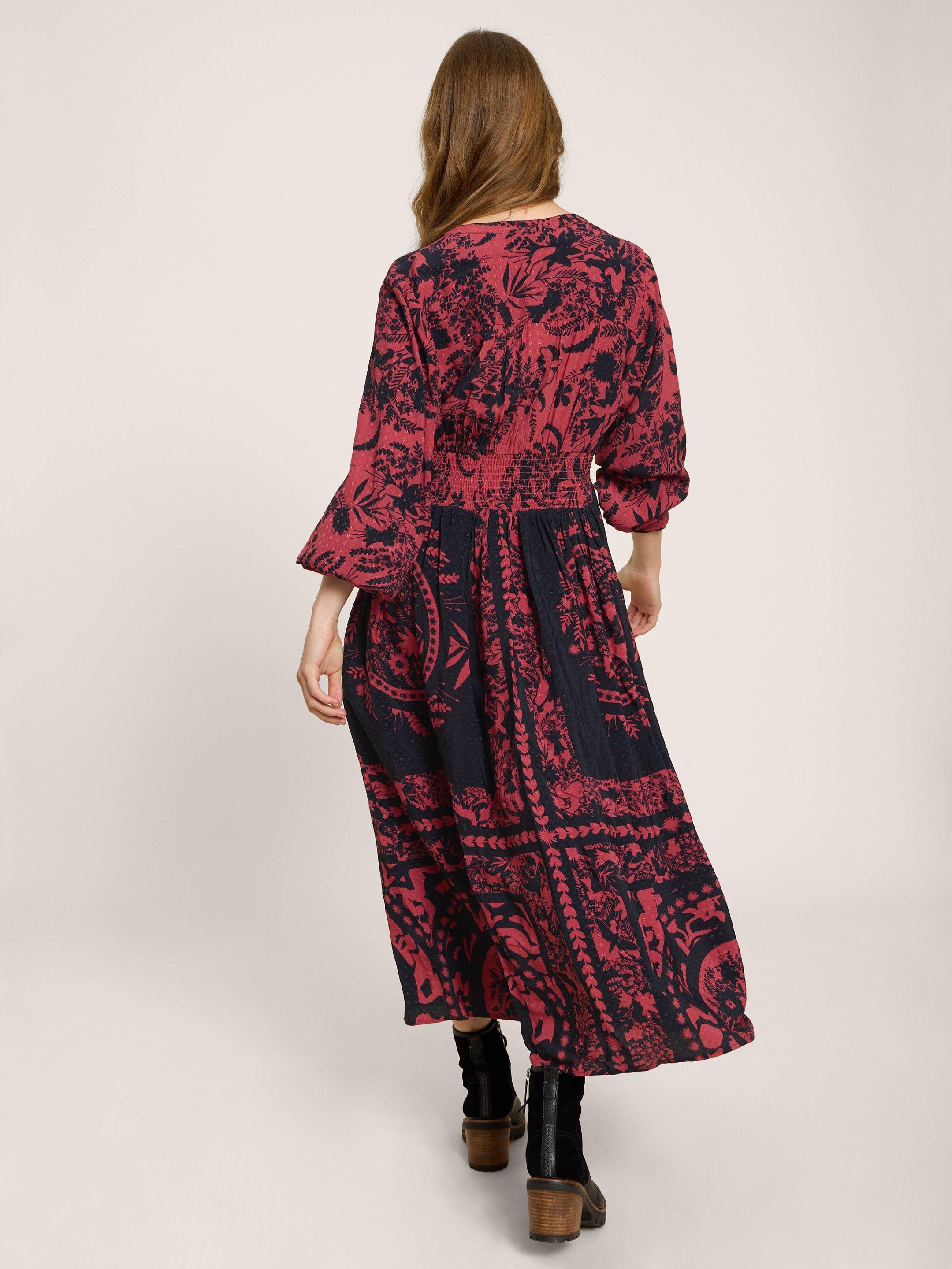 Kate Printed Midi Dress in PLUM MLT - MODEL BACK