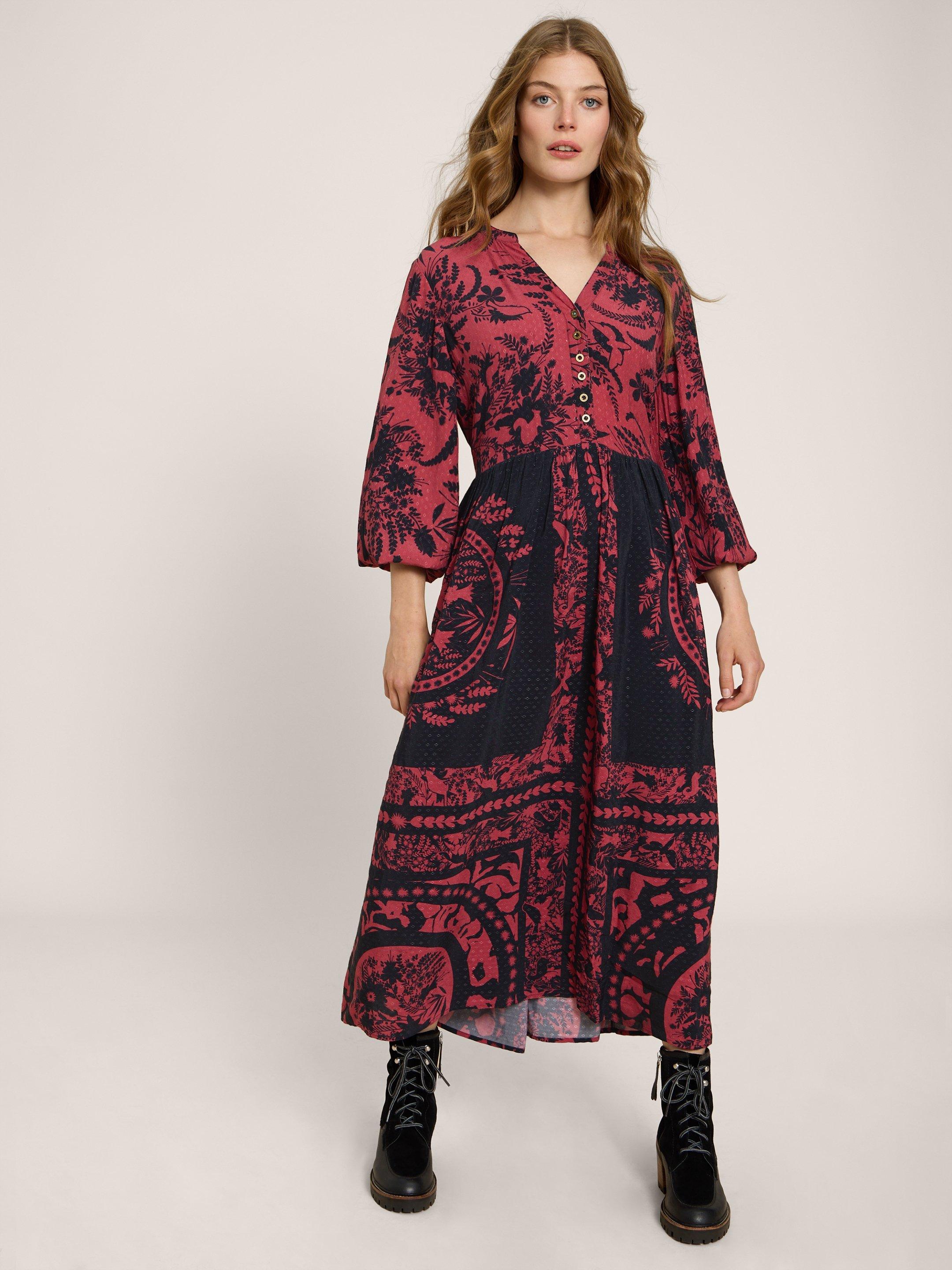 Kate Printed Midi Dress in PLUM MLT - MODEL FRONT