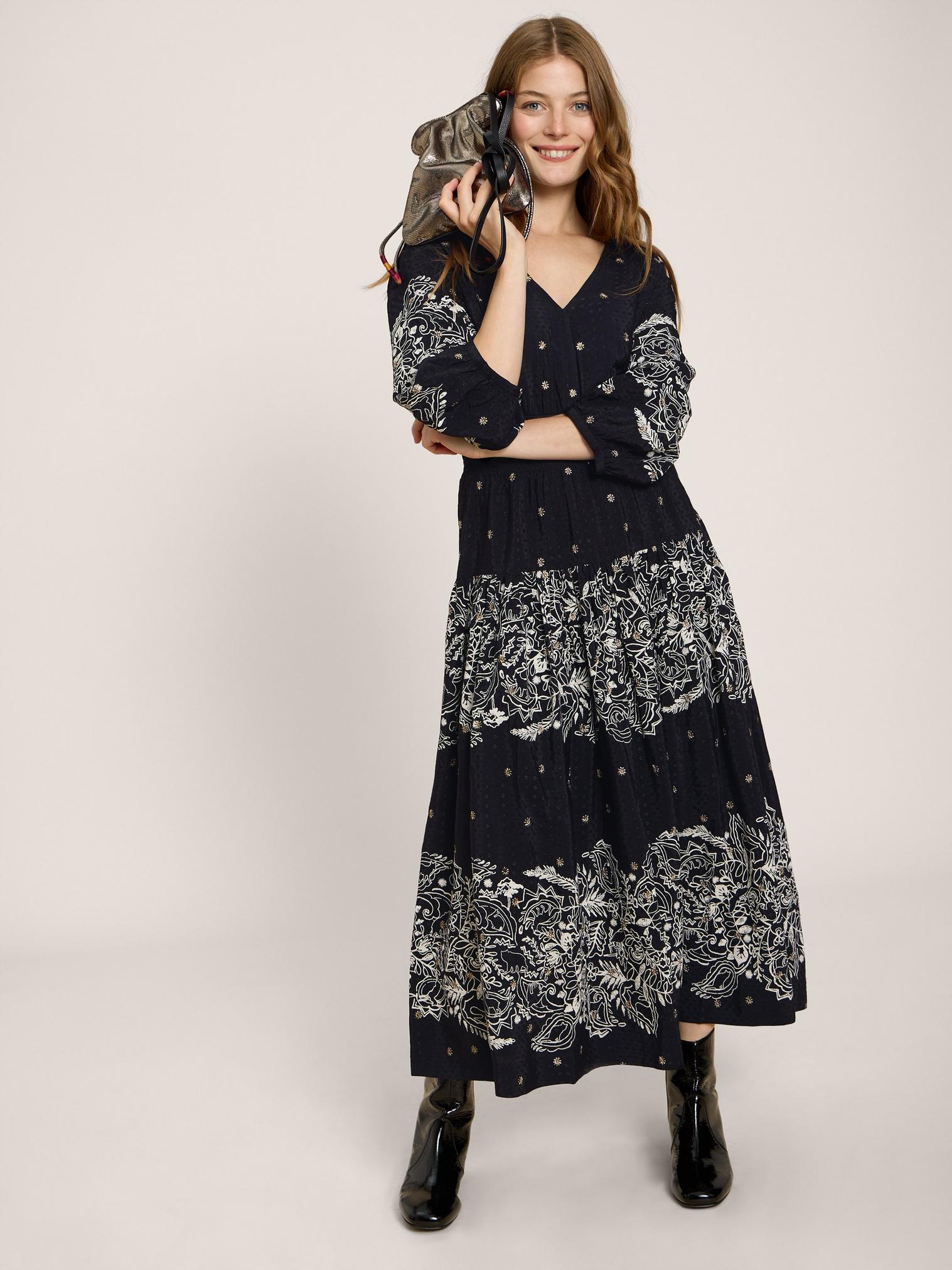 Maude Printed Embroidered Dress in BLK MLT - LIFESTYLE