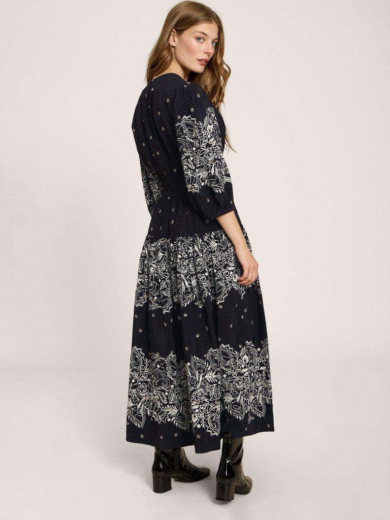 Maude Printed Embroidered Dress in BLK MLT - MODEL BACK
