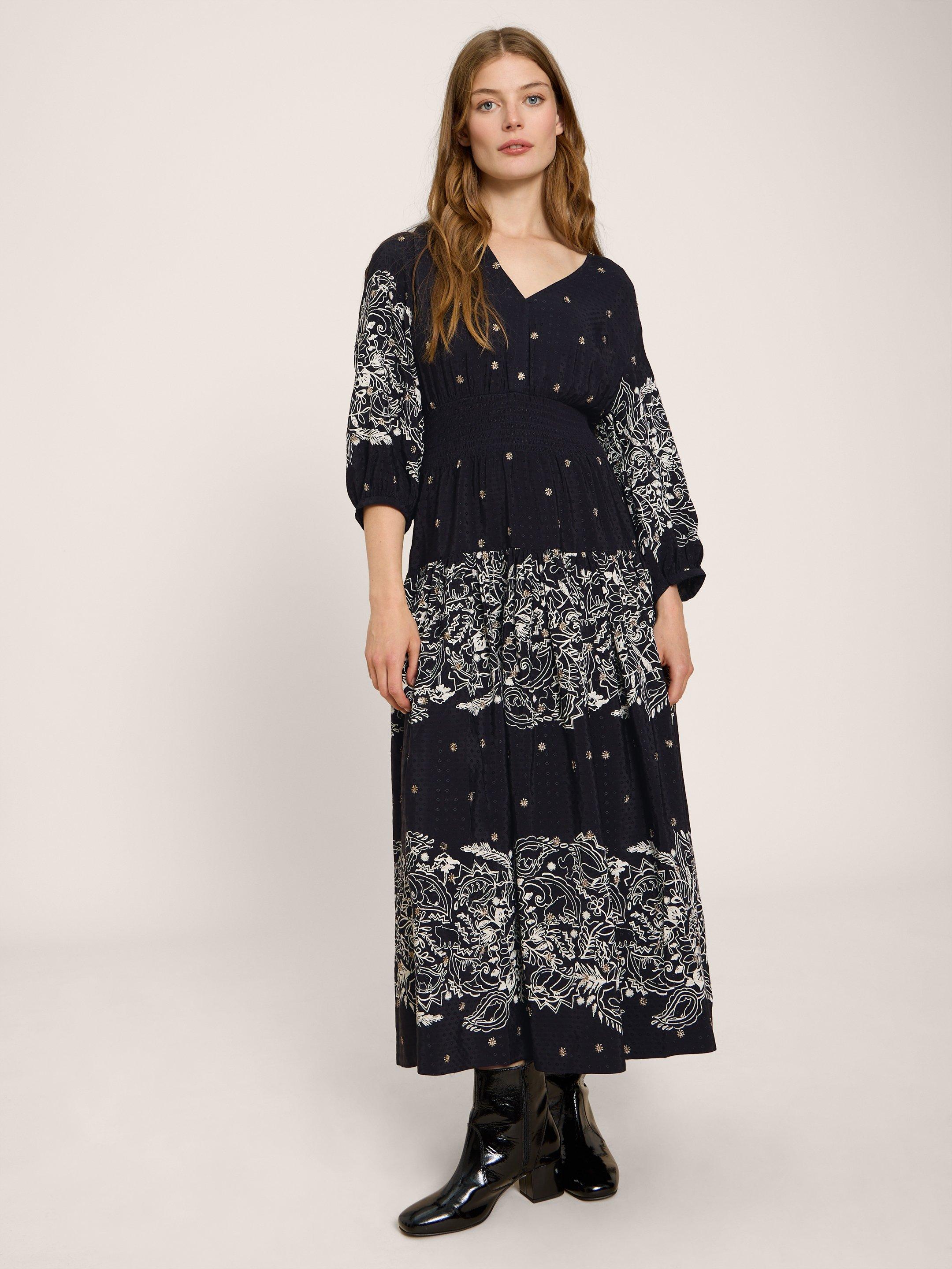 Maude Printed Embroidered Dress in BLK MLT - MODEL FRONT