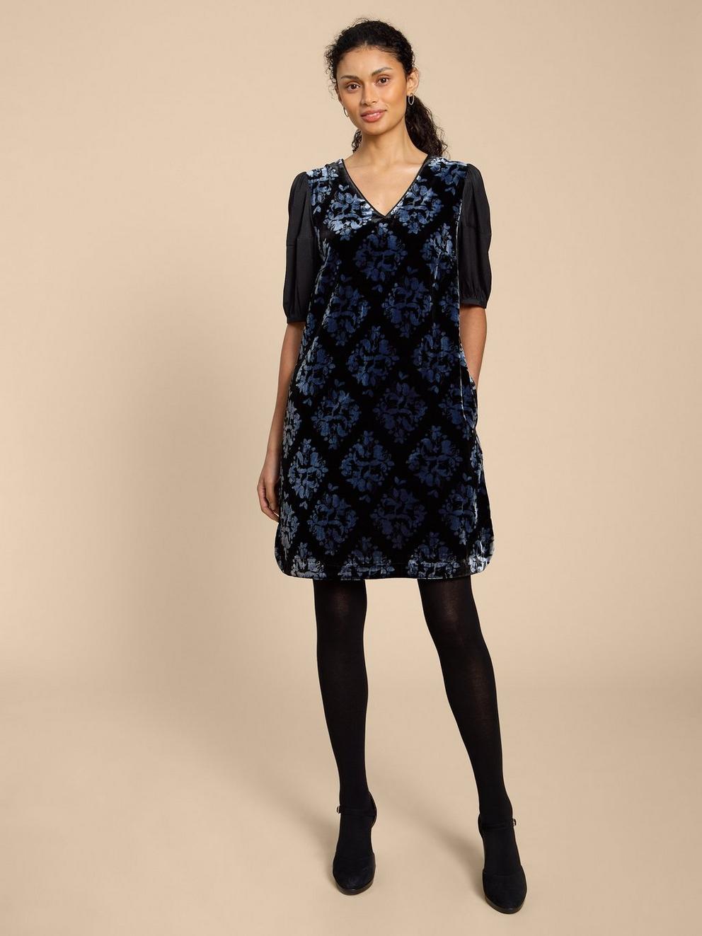 Cleo Velvet Mix Knee Length Dress in TEAL PRINT White Stuff