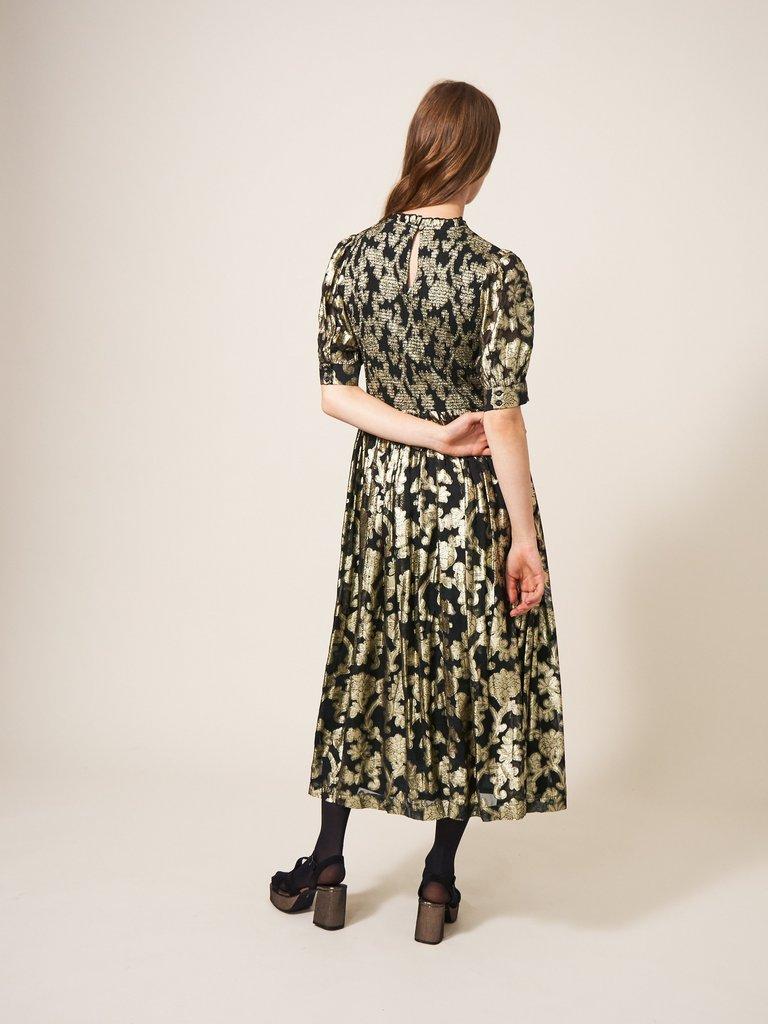 Wren Metallic Jacquard Dress in BLK MLT - MODEL BACK