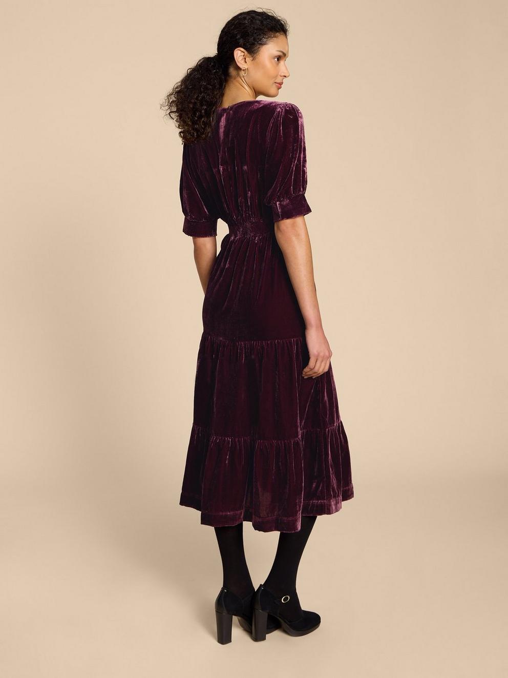 Ayra Velvet Dress in DK PLUM - MODEL BACK