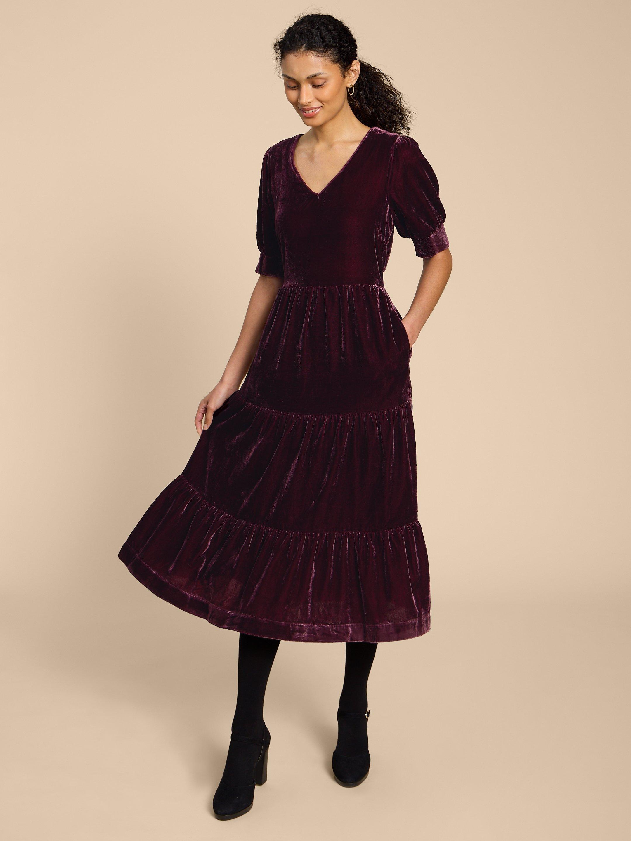 Ayra Velvet Dress in DK PLUM - MODEL FRONT