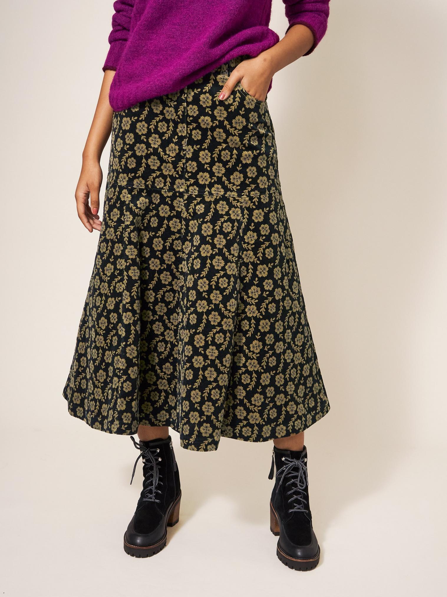 Quinn Organic Cord Skirt in GREEN MULTI | White Stuff