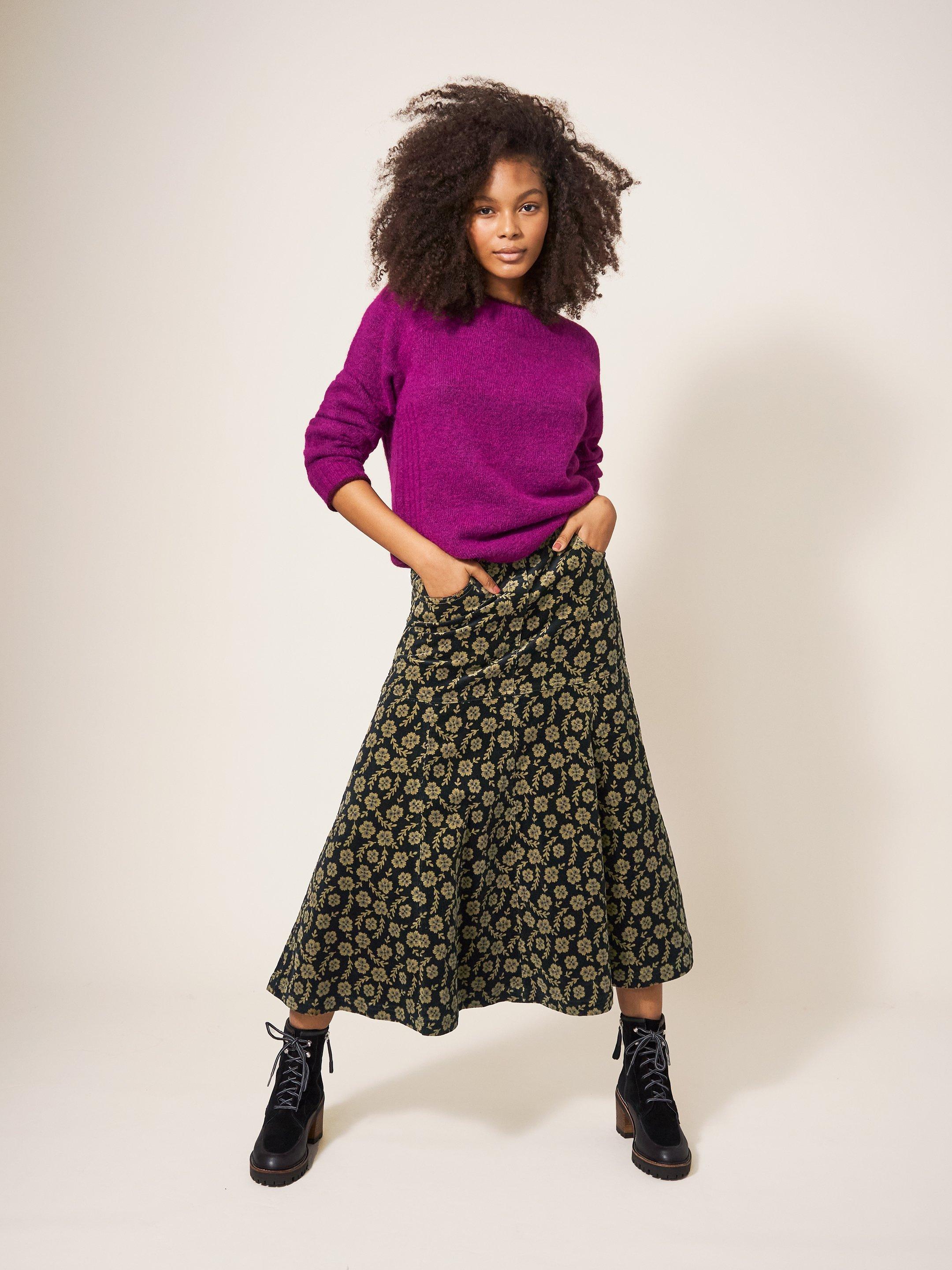 Quinn Organic Cord Skirt in GREEN MLT - MODEL FRONT