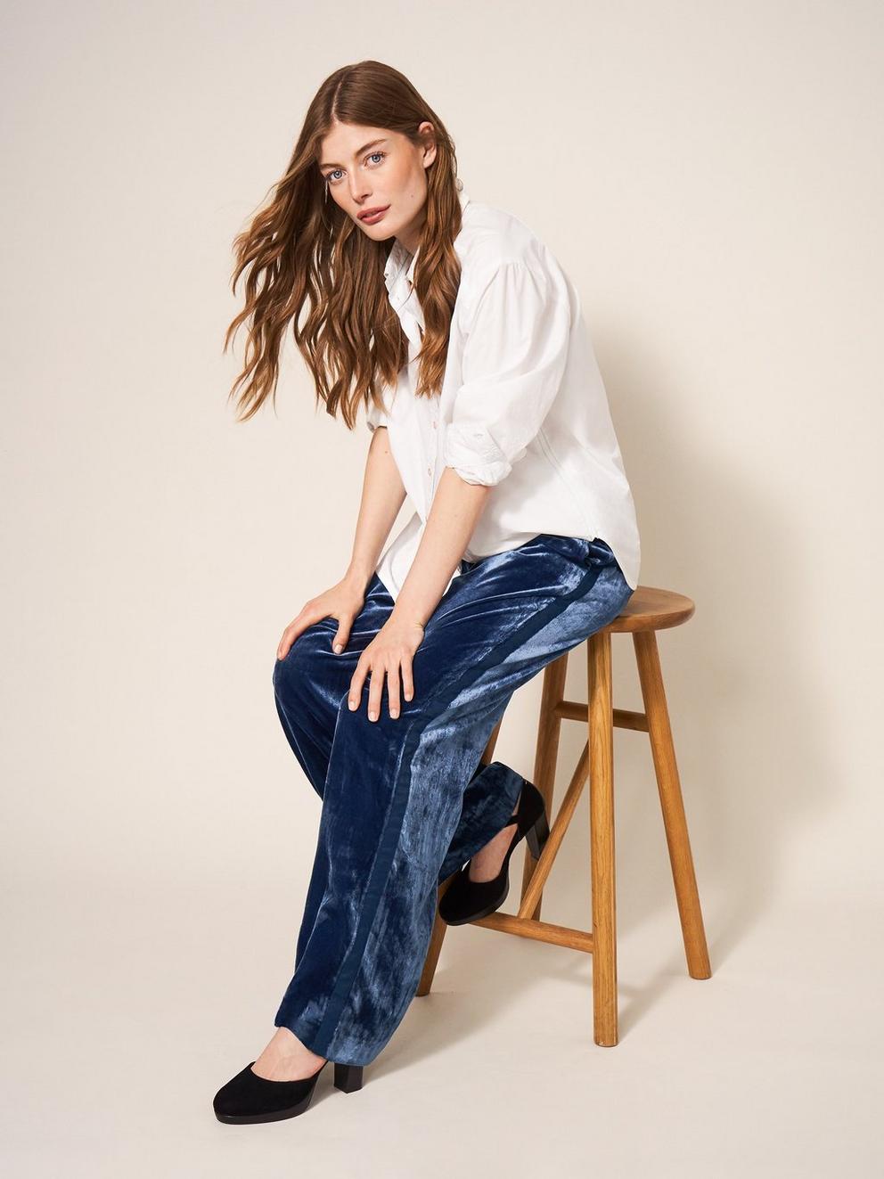 Jenny Velvet Wide Leg Trouser in DEEP BLUE - LIFESTYLE