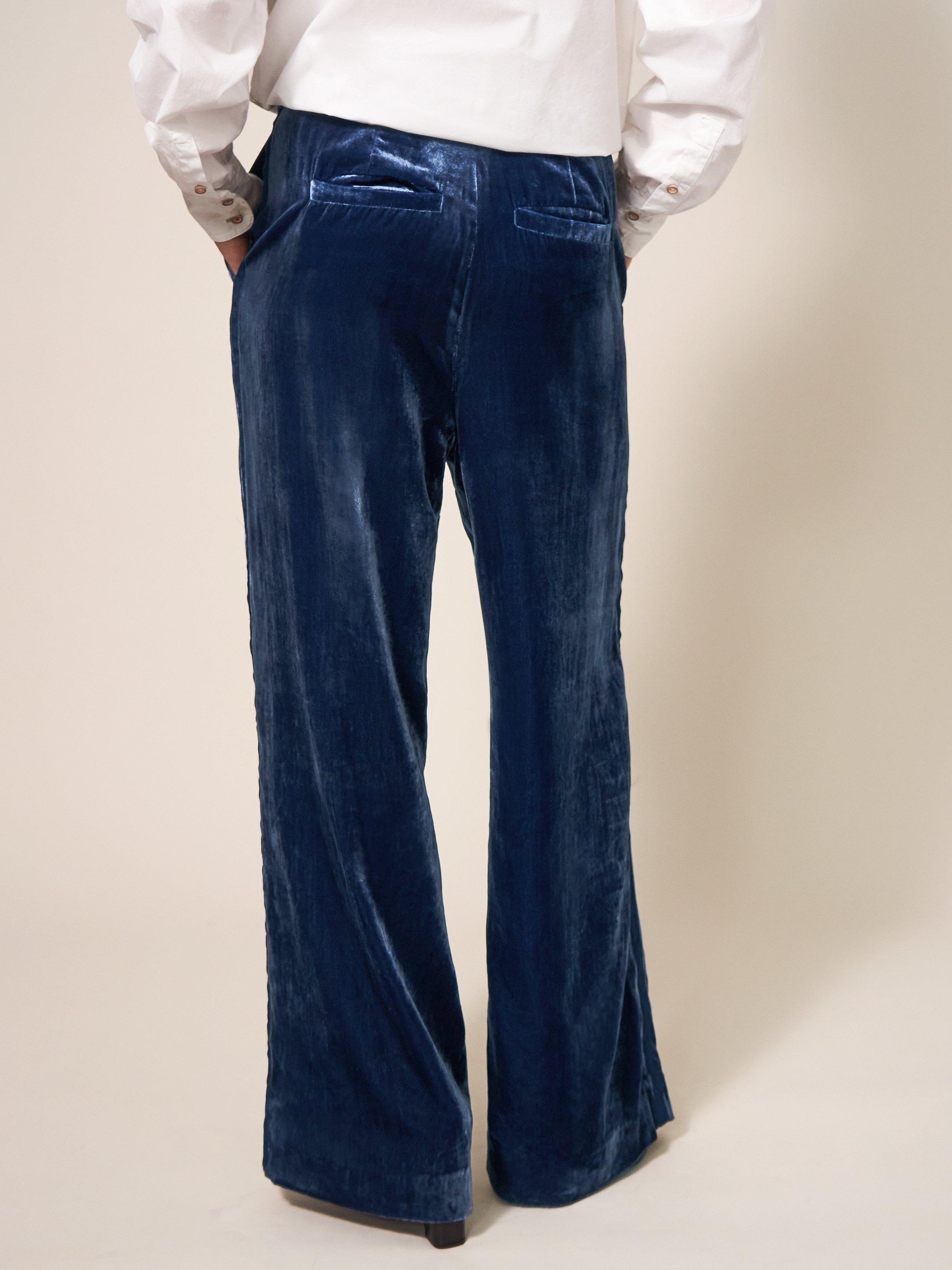 Jenny Velvet Wide Leg Trouser in DEEP BLUE - MODEL BACK