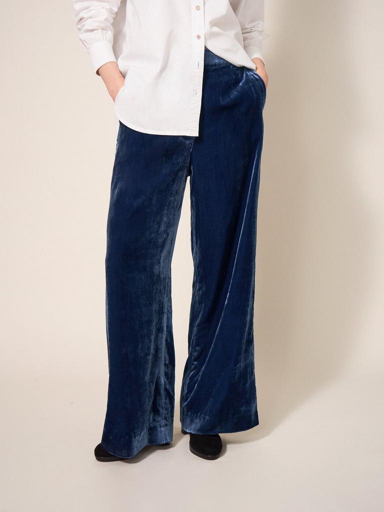 Jenny Velvet Wide Leg Trouser in DEEP BLUE - MODEL DETAIL