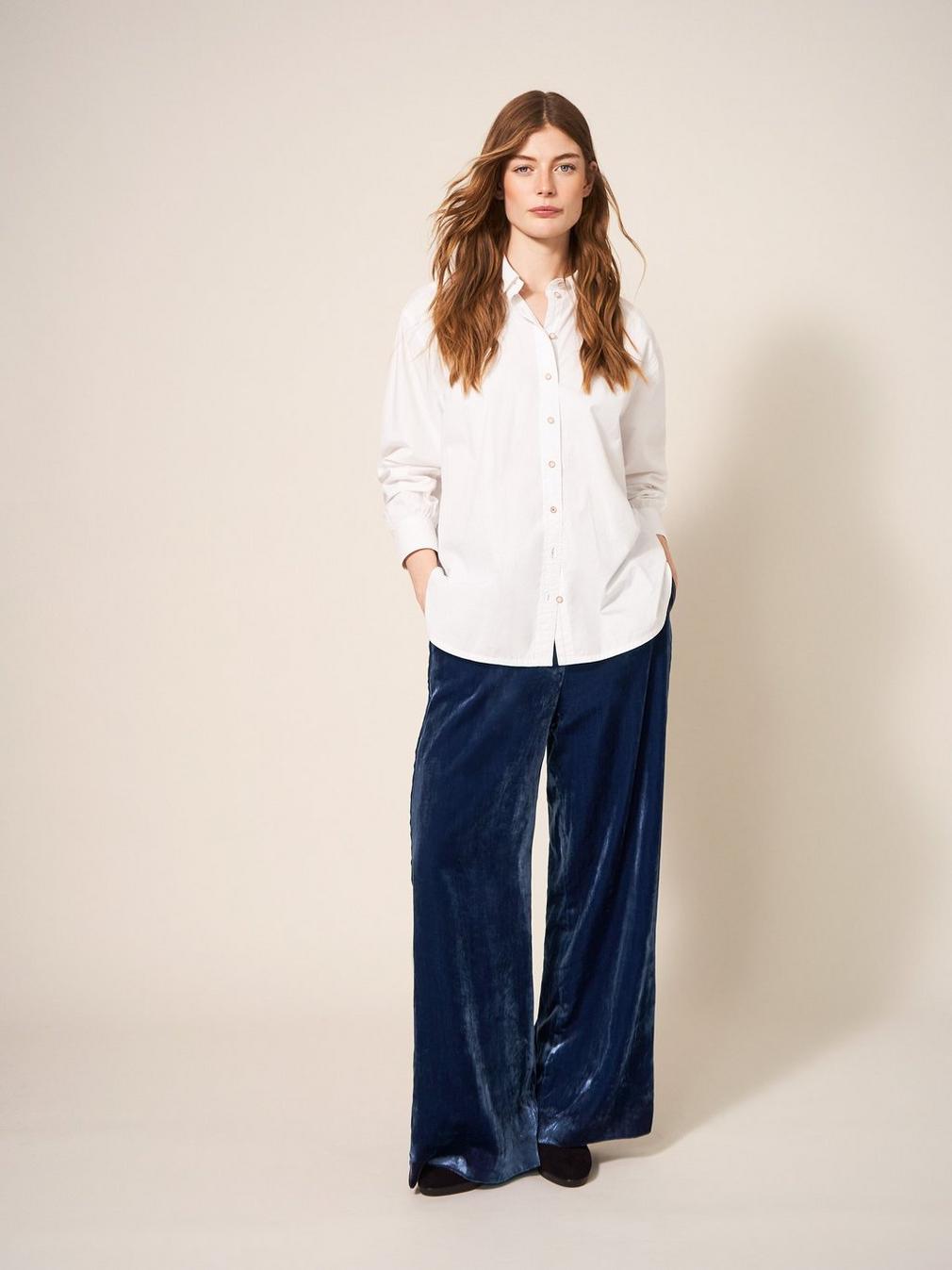 Jenny Velvet Wide Leg Trouser in DEEP BLUE - MODEL FRONT