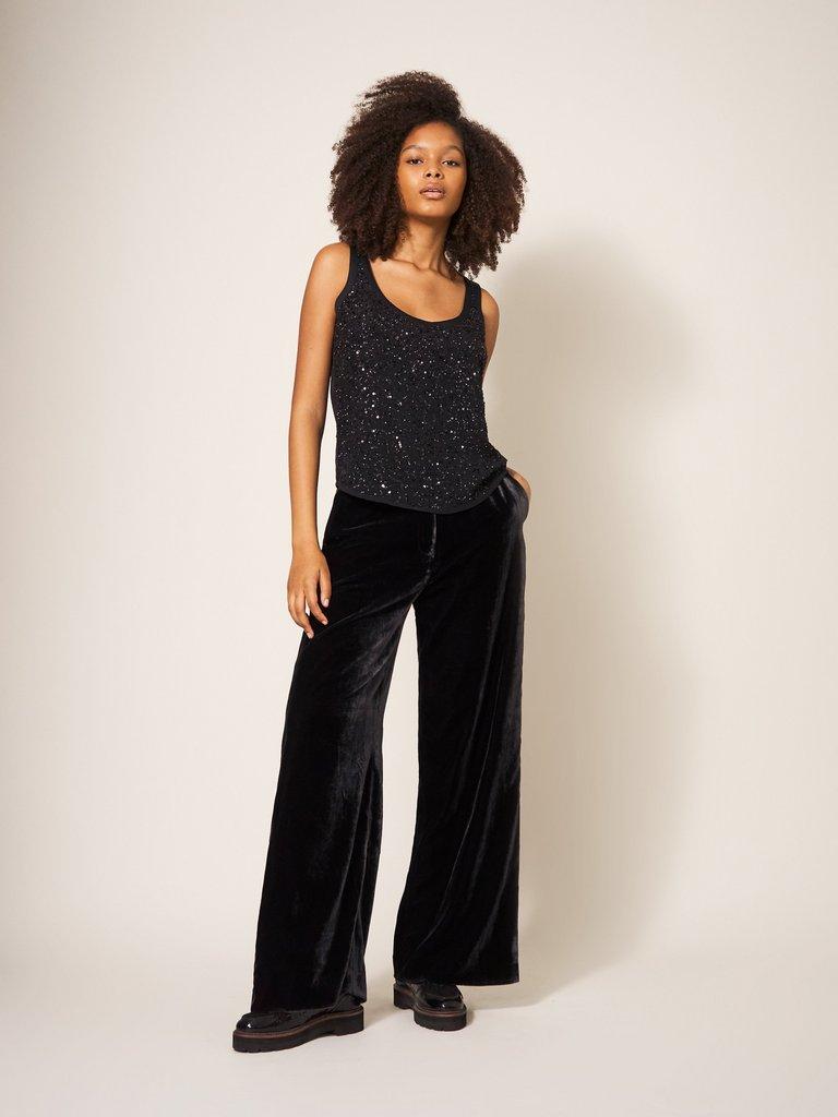 Black Velvet High Waist Wide Leg Trousers