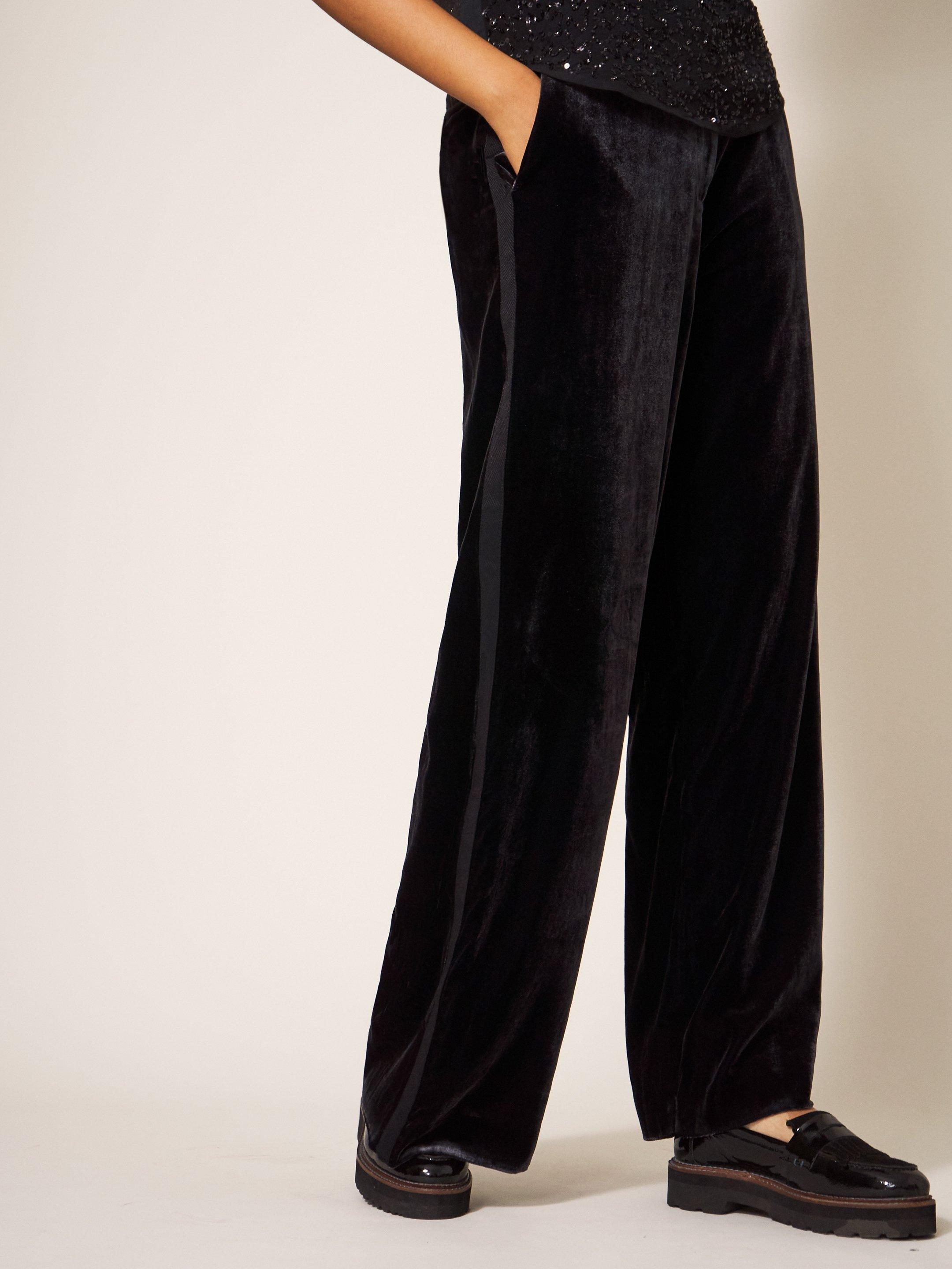 Jenny Velvet Wide Leg Trouser in PURE BLK - MODEL DETAIL