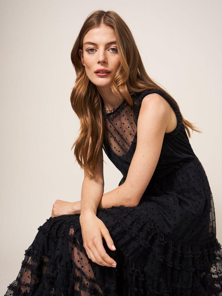 Hiral Flock Spot Tulle Dress in PURE BLK - LIFESTYLE