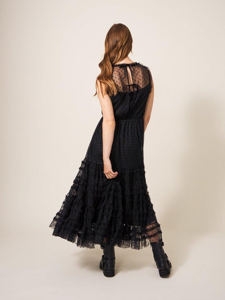 Hiral Flock Spot Tulle Dress in PURE BLK - MODEL BACK