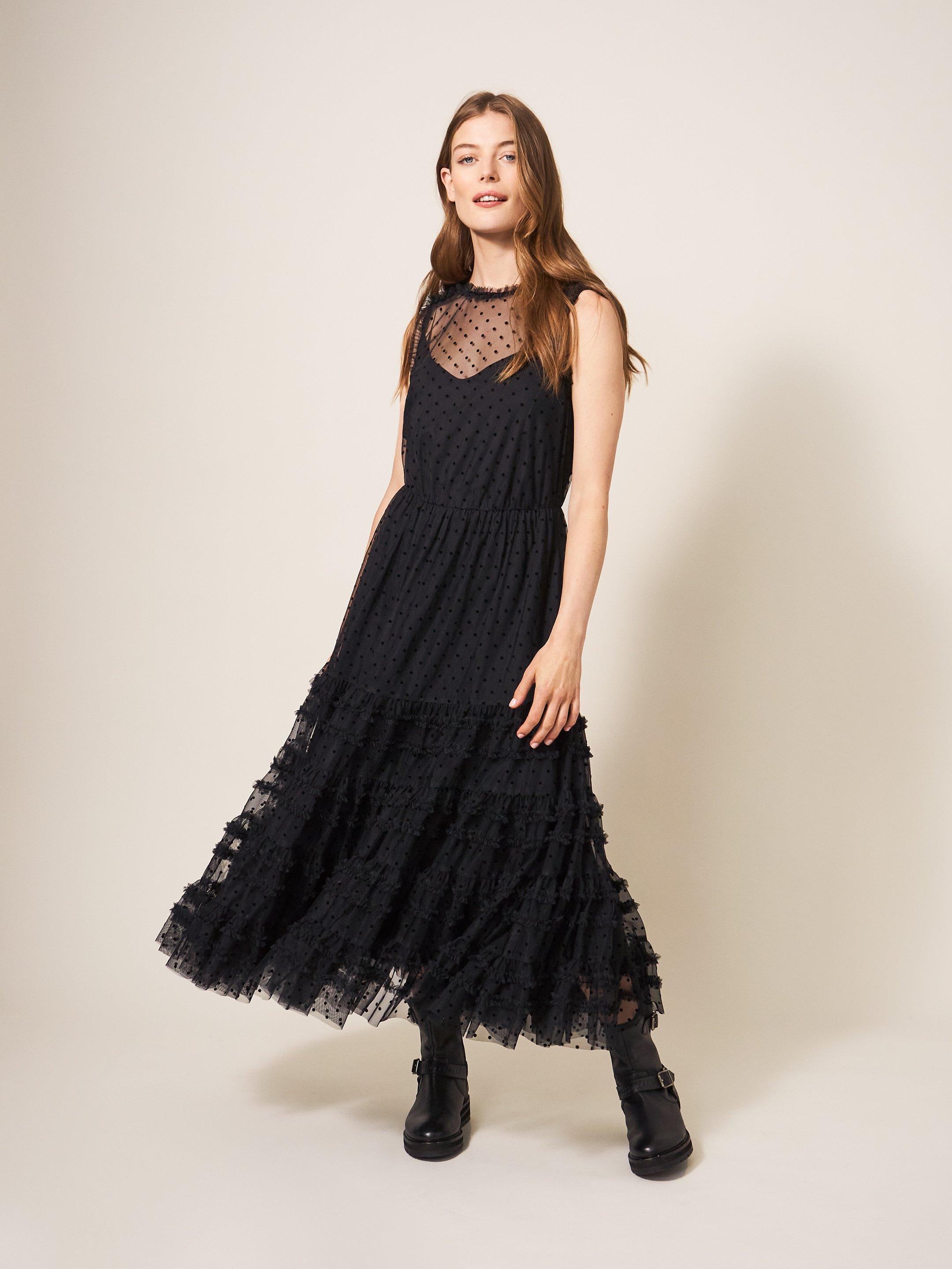 Hiral Flock Spot Tulle Dress in PURE BLK - MODEL DETAIL