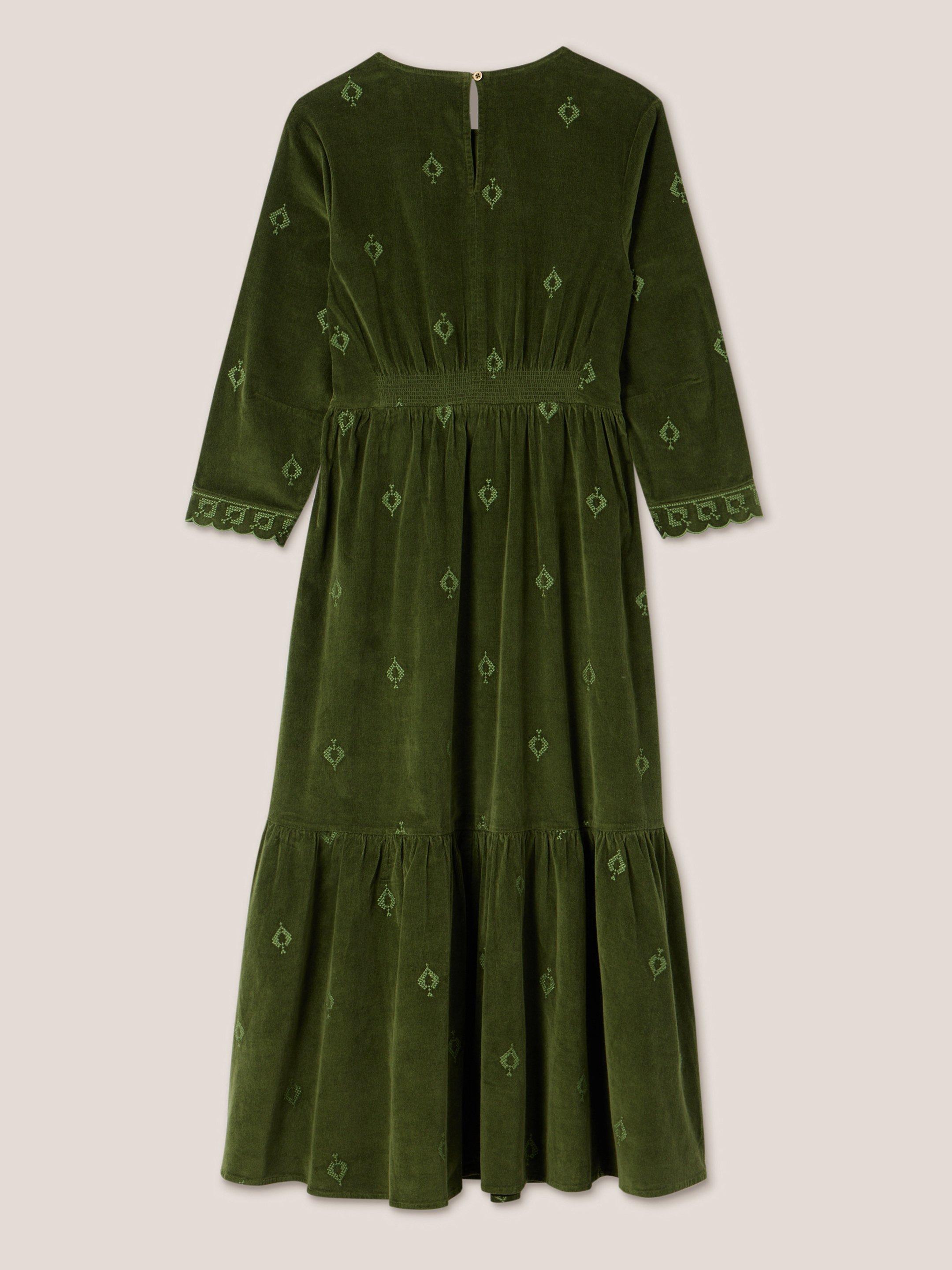 Carrie Embroidered Cord Dress in KHAKI GRN - FLAT BACK