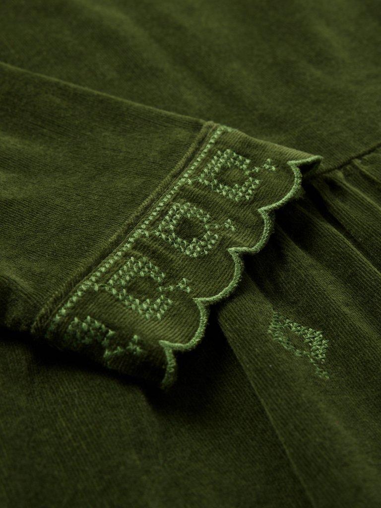 Carrie Embroidered Cord Dress in KHAKI GRN - FLAT DETAIL