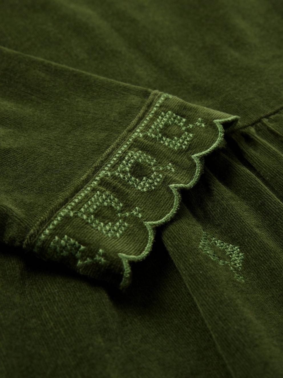 Carrie Embroidered Cord Dress in KHAKI GRN - FLAT DETAIL