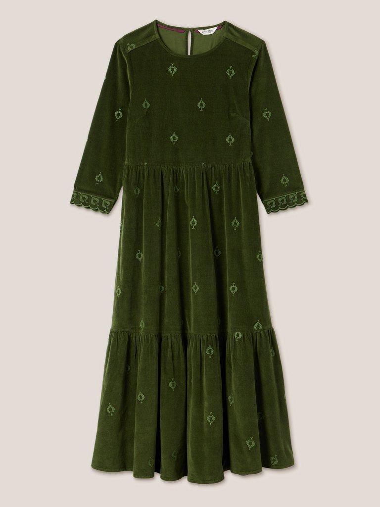 Carrie Embroidered Cord Dress in KHAKI GRN - FLAT FRONT