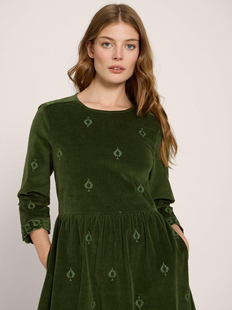Carrie Embroidered Cord Dress in KHAKI GRN - MODEL DETAIL