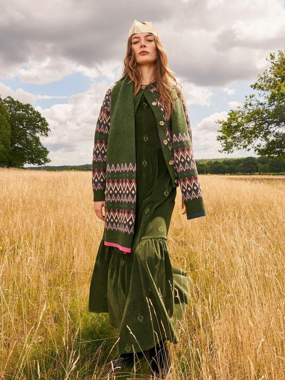 Carrie Embroidered Cord Dress in KHAKI GRN - MIXED