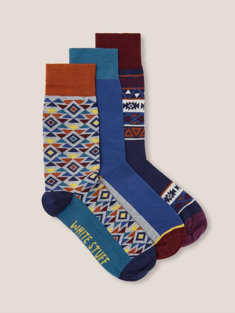 3 Pack Fairisle Ankle Socks in NAVY MULTI - FLAT FRONT