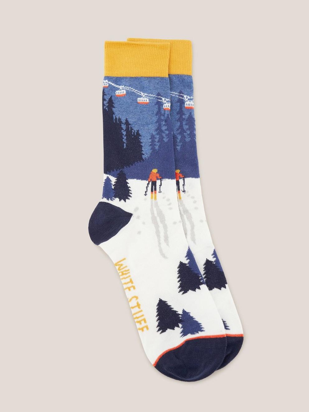 Ski Scenic Socks in a Cracker in BLUE MLT - FLAT FRONT