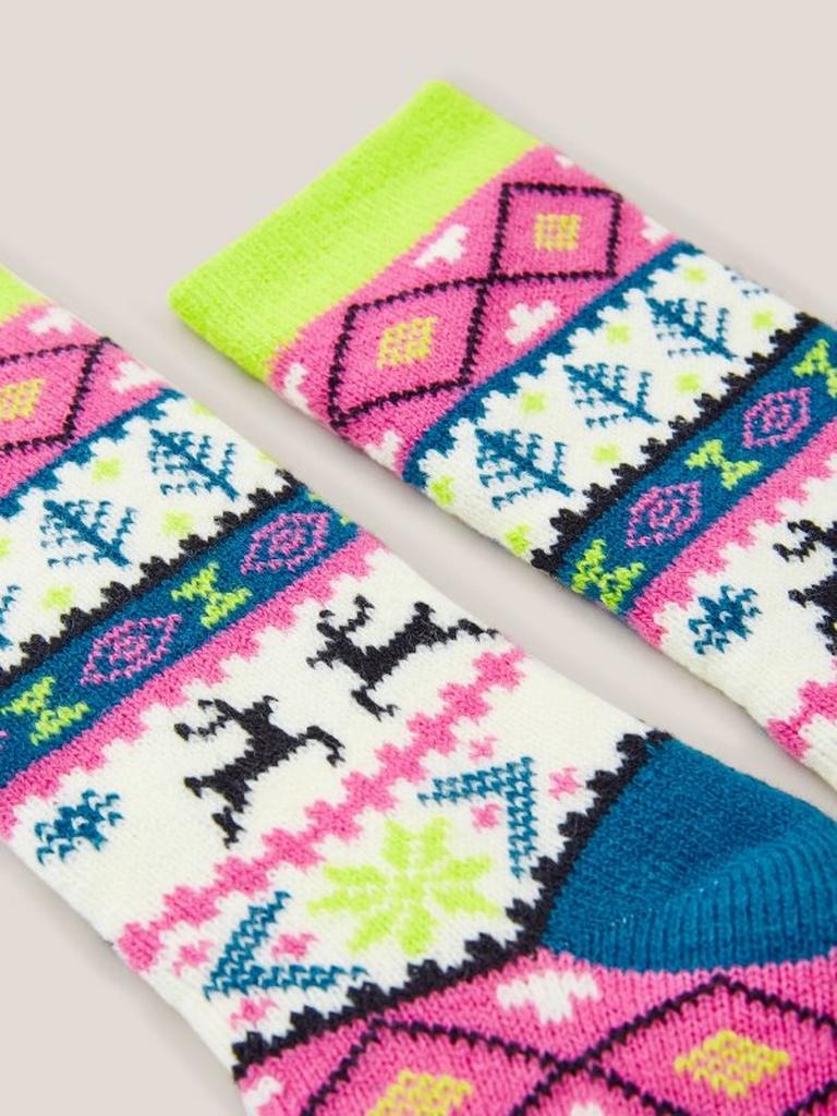 Reindeer Fairisle Cabin Socks in PINK MLT - FLAT DETAIL