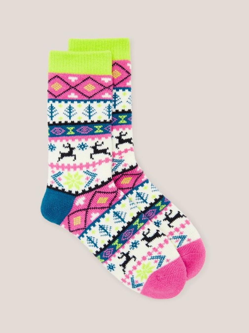 Reindeer Fairisle Cabin Socks in PINK MLT - FLAT FRONT