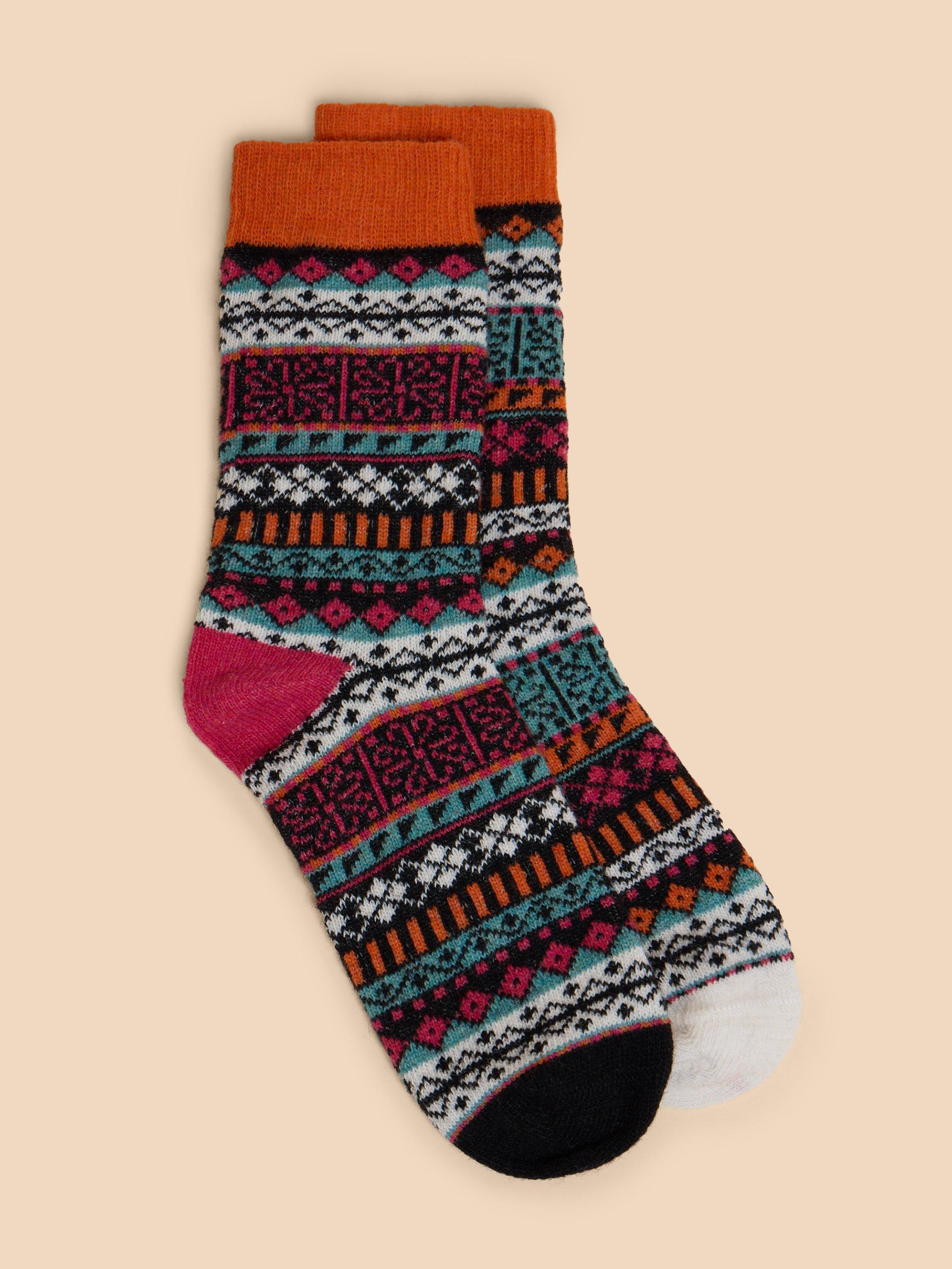 Fairisle Pop Wool Mix Socks in BLK MLT - MODEL FRONT