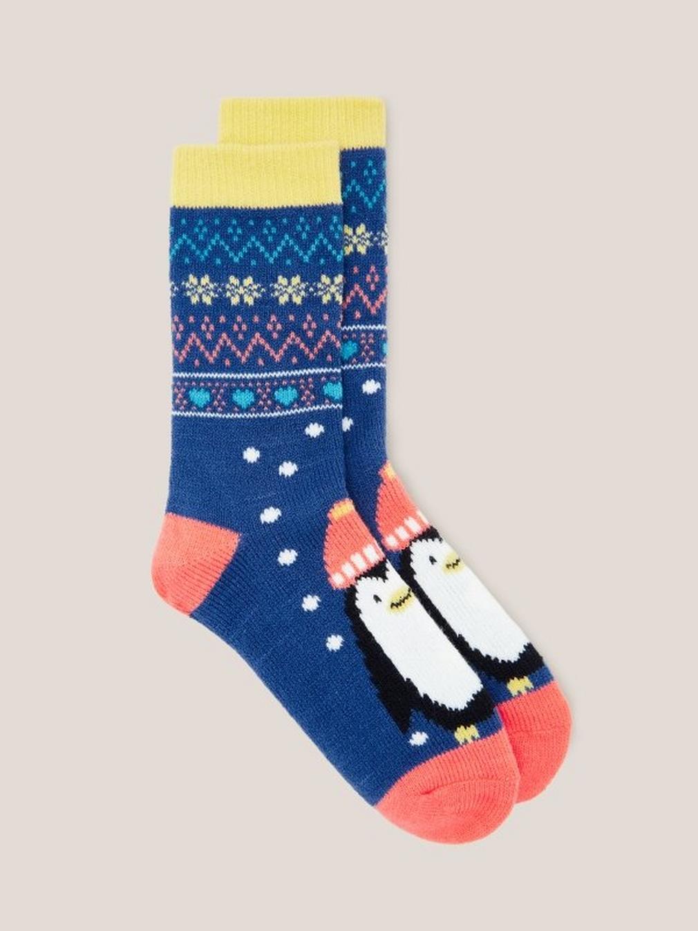 Penguin Fairisle Cabin Socks in BLUE MLT - FLAT FRONT