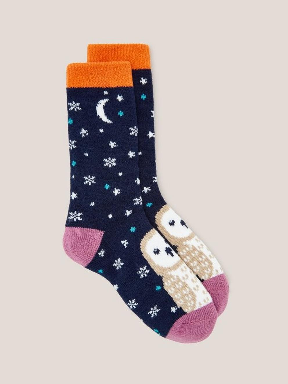 Night Owl Cabin Socks in NAVY MULTI - FLAT FRONT