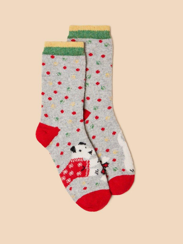 Christmas Dog Wool Mix Socks in GREY MLT - FLAT FRONT