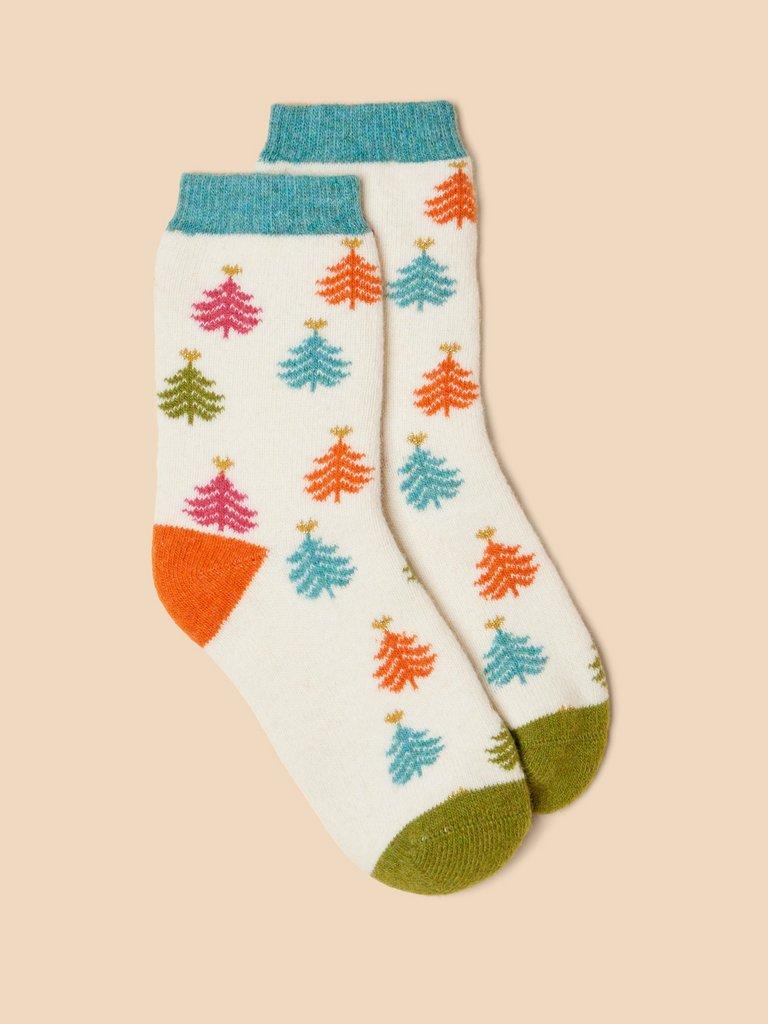 Christmas Tree Wool Mix Socks in NAT MLT - FLAT FRONT